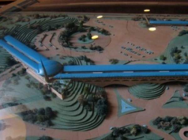 A late model of the Marin Center with blue roof.